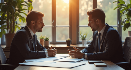 Business leaders discussing financial documents at sunrise