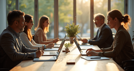 Association board members meet around sunlit table