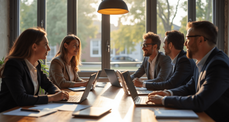 Businesspeople discussing company risks in modern office