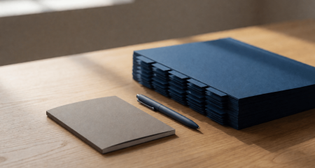 Stapel mappen met tabbladen op een bureau naast een gesloten boekje en pen