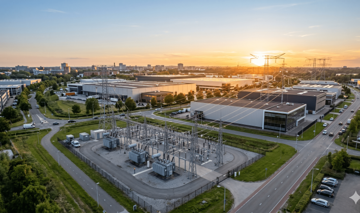 Gesloten distributiesysteem met transformatorstation en hoogspanningsmasten op een industrieterrein bij zonsondergang