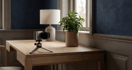 Camera op statief gericht op een gestyleerd bureau met plant en lamp