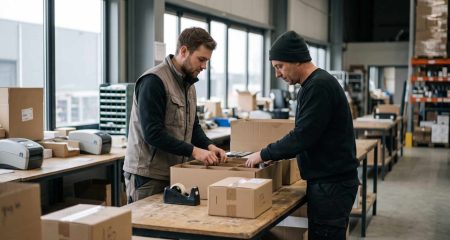 Twee collega's werken naast elkaar aan dezelfde inpaktafel in een Nederlands distributiebedrijf, in daglicht van opzij.