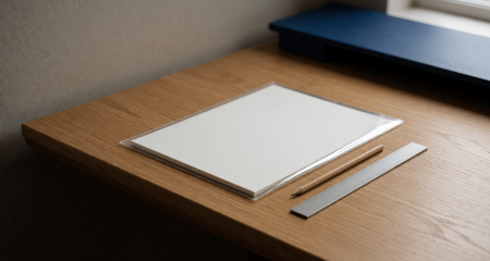 Ontwerpbureau met blanco schetsvellen in een insteekhoes, potlood en liniaal