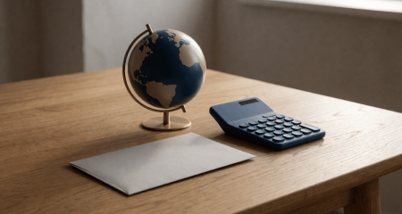 Bankenvelop en een kleine wereldbol op een bureau naast een rekenmachine