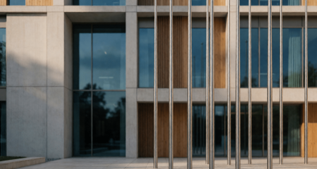 Modern bestuursgebouw met vlaggenmasten bij daglicht