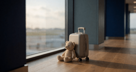Kinderkoffer en een knuffel in een luchthavenhal bij het raam