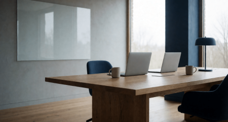 Startupwerkplek met twee laptops en een schoongeveegd whiteboard