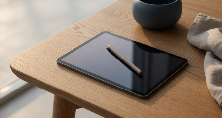 Tablet met een stylus er schuin overheen op een eikenhouten bureau