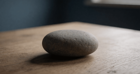 Eén steen op een houten tafel in zacht raamlicht