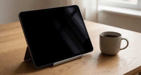 Tablet op een standaard met leeg scherm op een eikenhouten bureau