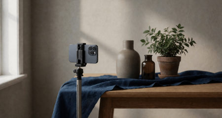 Telefoon op statief gericht op een tafel met blanco producten en een plant
