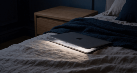Halfgesloten laptop op een bed in een verduisterde slaapkamer