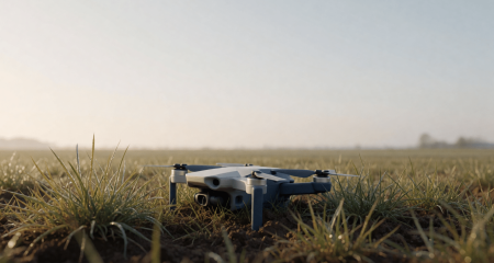 Kleine drone op het gras in een open veld