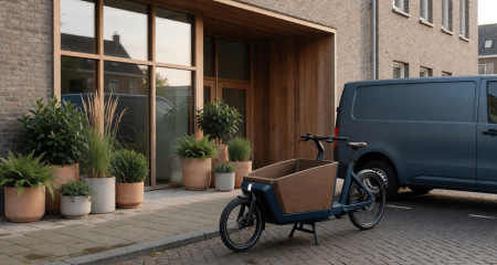 Bakfiets en een bestelbus voor een klein magazijn met beplanting
