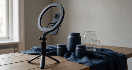 Ringlamp en telefoon op statief gericht op een gestyleerde tafel