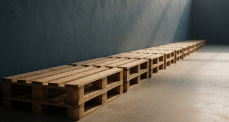 Rij pallets langs een magazijnmuur die in de verte verdwijnt
