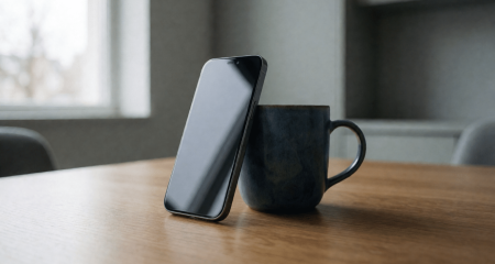 Smartphone tegen een mok op een bureau met leeg scherm