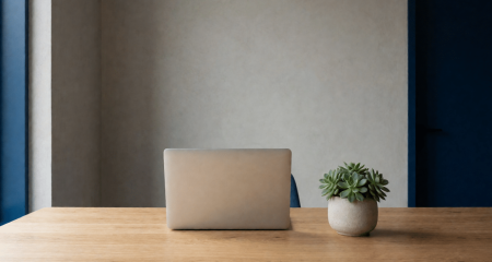 Opgeruimd bureau in een modern kantoor met een laptop en een plantje