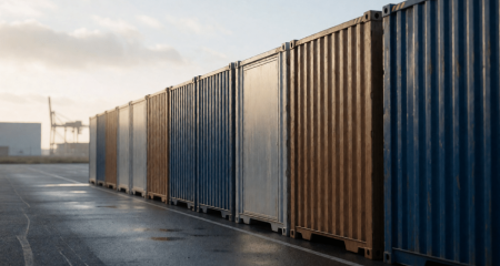 Lange rij zeecontainers van opzij gezien op een logistiek terrein