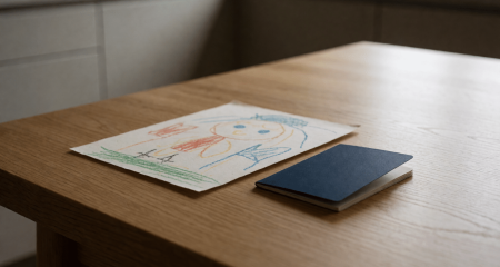Kindertekening en een reisdocument op een keukentafel