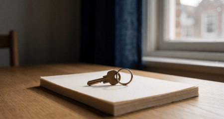 Huissleutel aan een ring op een stapel papieren bij het raam