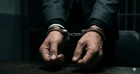 Handen van een man in een donker pak met zilveren handboeien tegen een donkere achtergrond