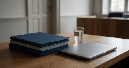 Rechtszaaltafel met een dichtgeklapte laptop naast een stapel mappen