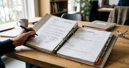 Bureau met laptop, agenda en een ondertekende arbeidsovereenkomst