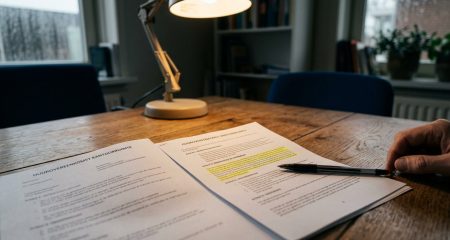 Contractpagina met een gemarkeerde alinea onder een leeslamp, pen ernaast