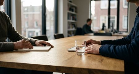 Stapel anonieme sollicitatiebrieven naast een leeg beoordelingsformulier