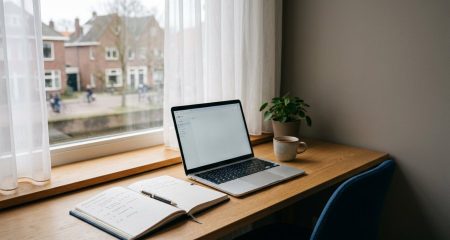 Opgeruimd bureau met een arbeidsovereenkomst en een kop koffie