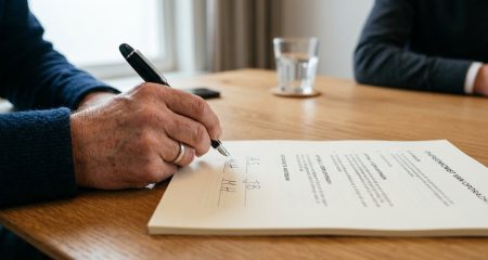 Twee contractsets naast elkaar op een vergadertafel in daglicht