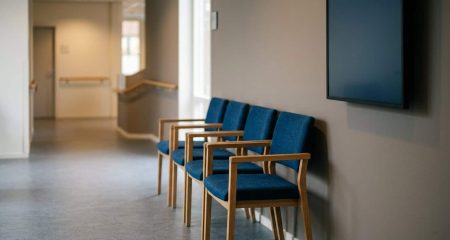 Werkplek met twee monitoren en een notitieblok in avondlicht