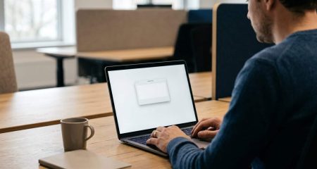 Laptopscherm met een blanco toestemmingsdialoog in kantoorlicht