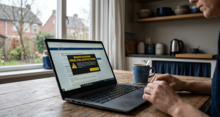 Laptop op een keukentafel met een onscherpe waarschuwingsmelding