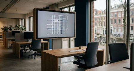 Leeg kantoor met een groot scherm dat een abstract raster toont