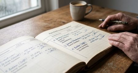 Aandeelhoudersregister met handgeschreven inschrijvingen