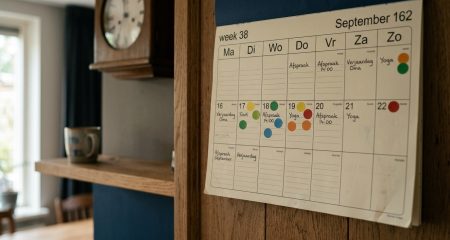 Weekkalender aan de muur met gekleurde stickers