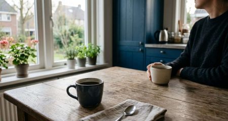 Twee koffiekopjes tegenover elkaar op een keukentafel bij het raam