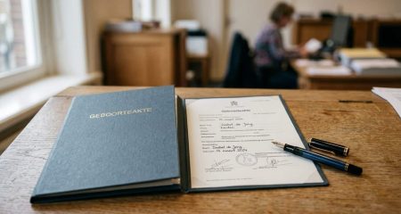 Oude documentenmap met een lint eromheen op een notaristafel