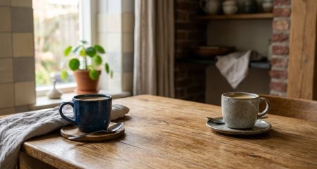 Half uitgepakte verhuisdoos met keukenspullen in een lichte woonkamer