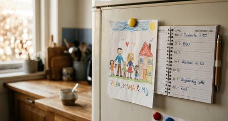 Kindertekening op een koelkastdeur naast een agenda met weekindeling