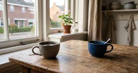 Twee koffiekopjes aan weerszijden van een keukentafel