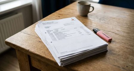 Stapel bankafschriften met een markeerstift, van bovenaf