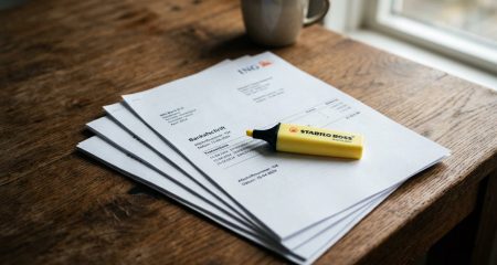 Stapel bankafschriften met een markeerstift
