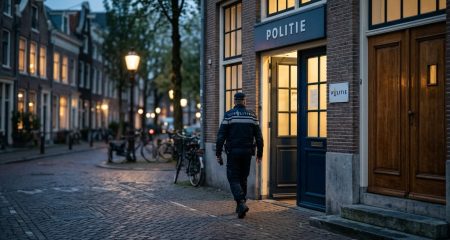 Gang van een gerechtsgebouw met genummerde zaaldeuren