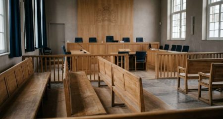 Dossiermap met rood etiket op een tafel in een gerechtsgebouw