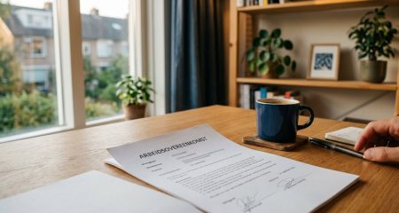 Lange vergadertafel met genummerde plaatsen en documenten in een leeg zaaltje
