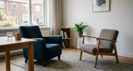 Twee stoelen schuin tegenover elkaar in een lege spreekkamer